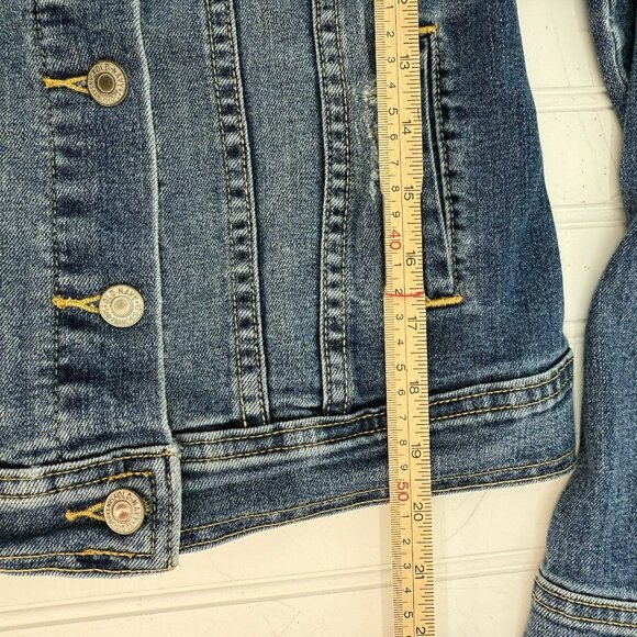 Old Navy Denim Trucker Jacket Size XS Blue Jean Dark Worn Wash Distressed Y2K - Picture 6 of 7